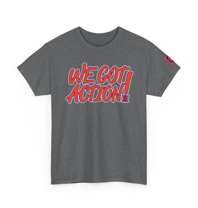 Gar Gear WE GOT ACTION! Drop #81 Heather Grey crew neck t-shirt – front view