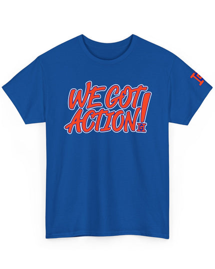 Gar Gear WE GOT ACTION! Drop #81 Royal Blue crew neck t-shirt – front view