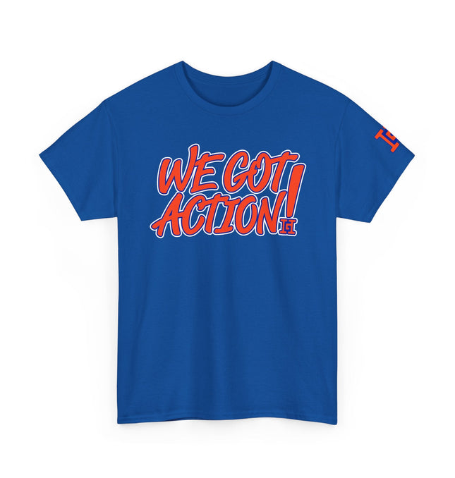 Gar Gear WE GOT ACTION! Drop #81 Royal Blue crew neck t-shirt – front view