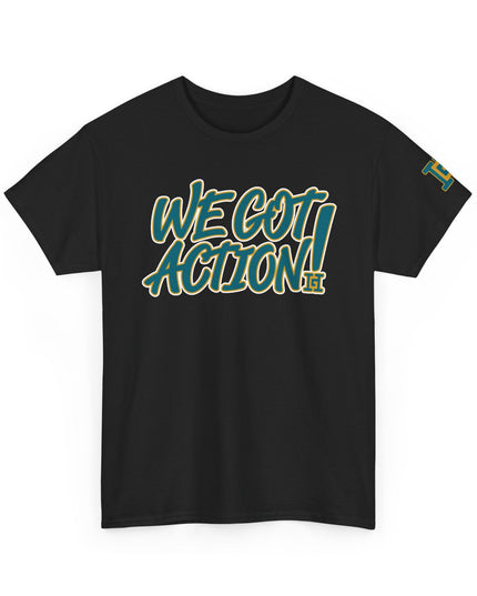 Gar Gear WE GOT ACTION! Drop #82 Black crew neck t-shirt – front view