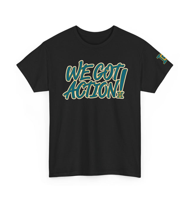 Gar Gear WE GOT ACTION! Drop #82 Black crew neck t-shirt – front view