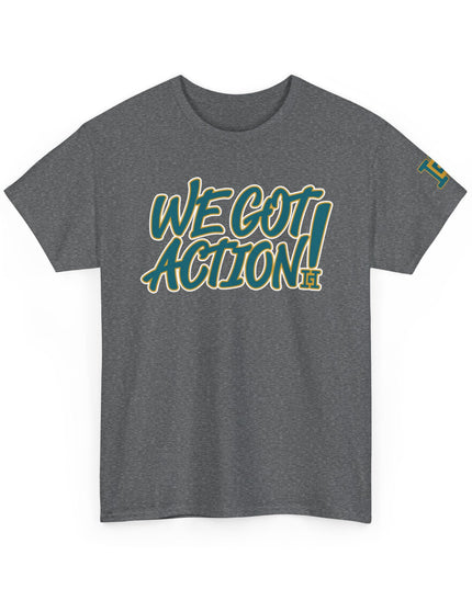 Gar Gear WE GOT ACTION! Drop #82 Heather Grey crew neck t-shirt – front view