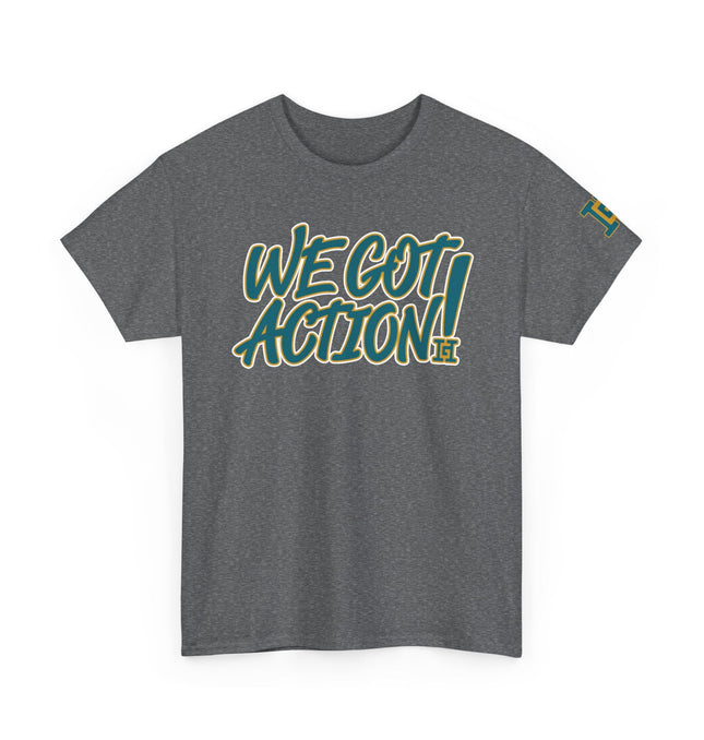 Gar Gear WE GOT ACTION! Drop #82 Heather Grey crew neck t-shirt – front view