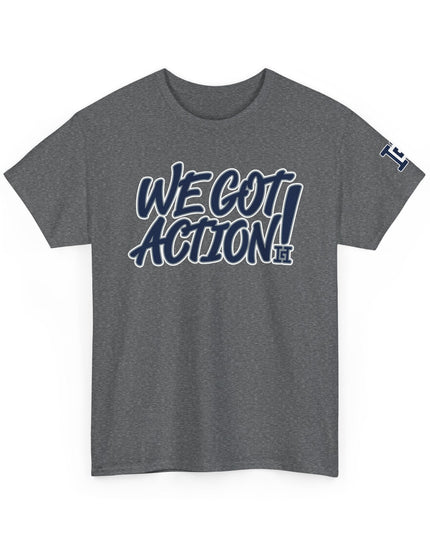 Gar Gear WE GOT ACTION! Drop #83 Heather Grey crew neck t-shirt – front view