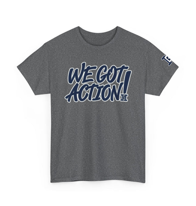 Gar Gear WE GOT ACTION! Drop #83 Heather Grey crew neck t-shirt – front view