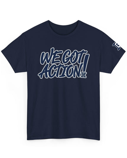 Gar Gear WE GOT ACTION! Drop #83 Navy Blue crew neck t-shirt – front view