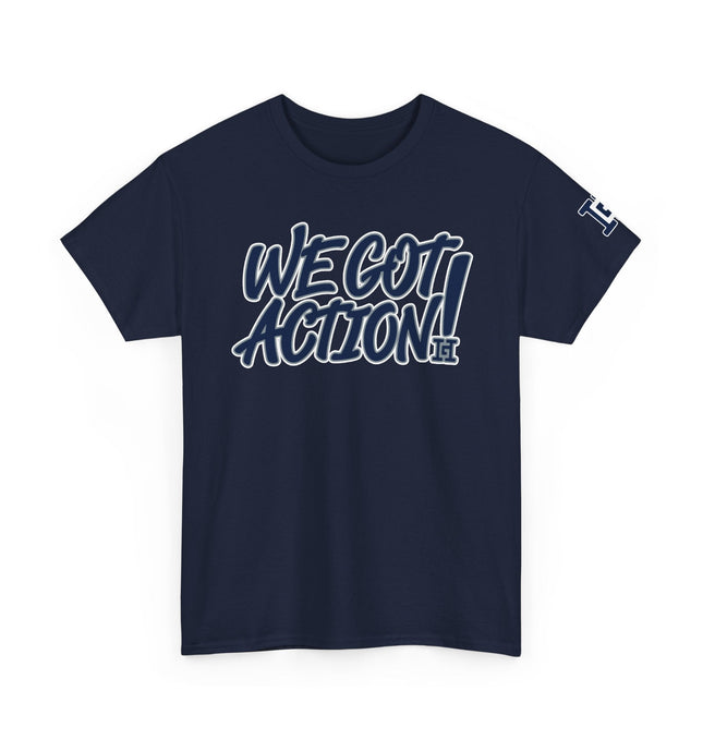Gar Gear WE GOT ACTION! Drop #83 Navy Blue crew neck t-shirt – front view