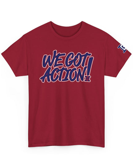 Gar Gear WE GOT ACTION! Drop #84 Cardinal Red crew neck t-shirt – front view