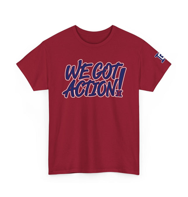 Gar Gear WE GOT ACTION! Drop #84 Cardinal Red crew neck t-shirt – front view