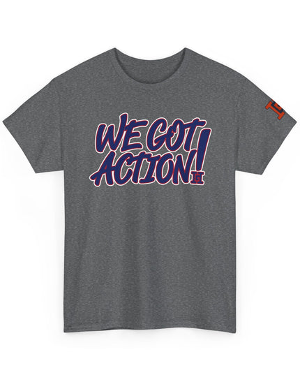 Gar Gear WE GOT ACTION! Drop #84 Heather Grey crew neck t-shirt – front view