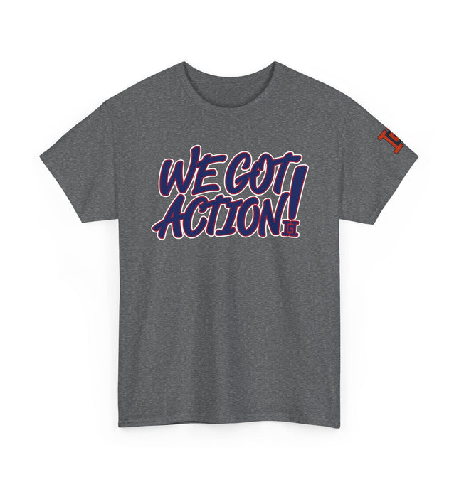 Gar Gear WE GOT ACTION! Drop #84 Heather Grey crew neck t-shirt – front view