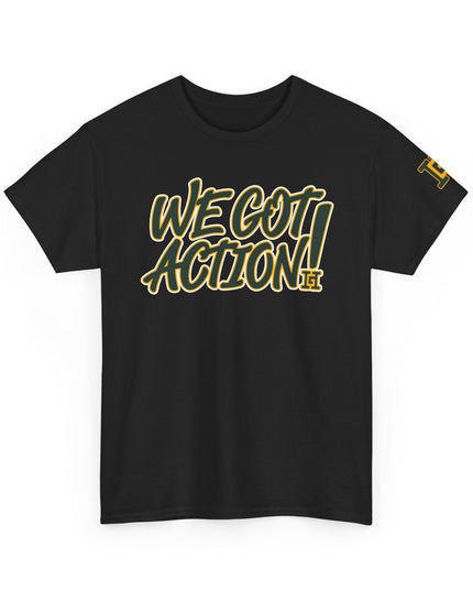 Gar Gear WE GOT ACTION! Drop #85 Black crew neck t-shirt – front view