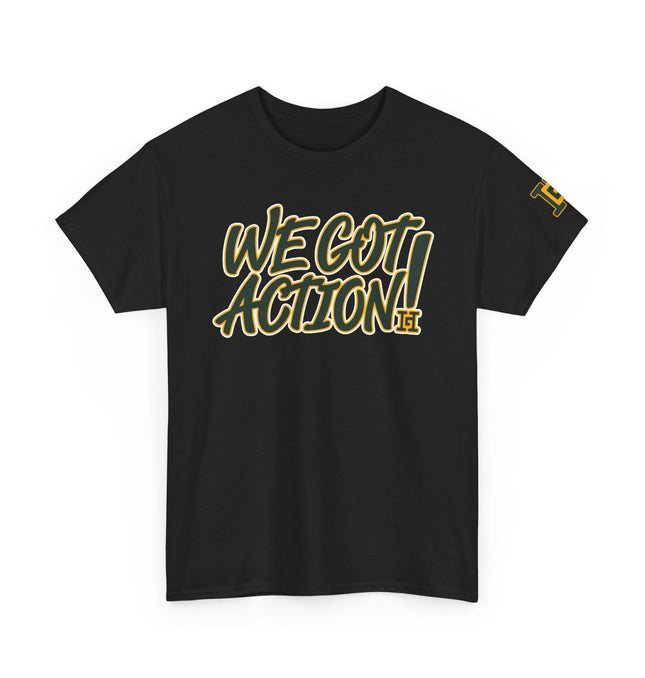 Gar Gear WE GOT ACTION! Drop #85 Black crew neck t-shirt – front view