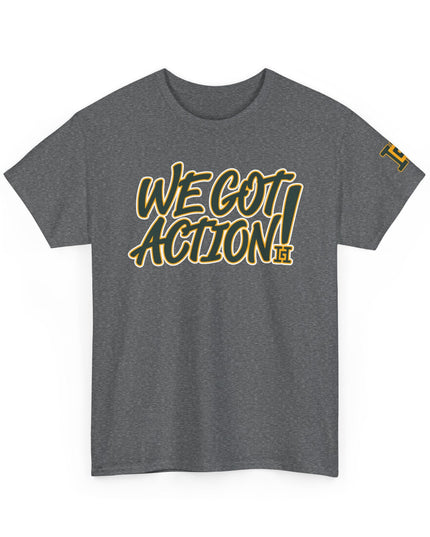 Gar Gear WE GOT ACTION! Drop #85 Heather Grey crew neck t-shirt – front view