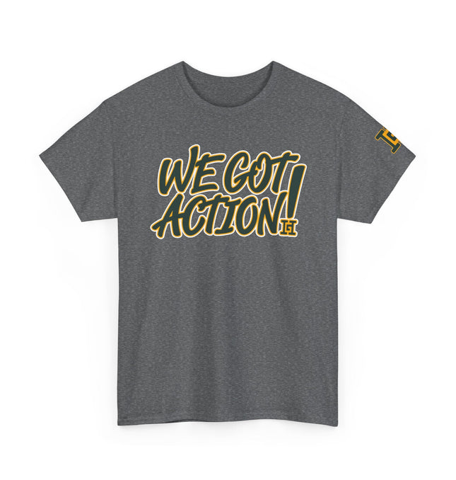 Gar Gear WE GOT ACTION! Drop #85 Heather Grey crew neck t-shirt – front view