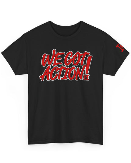 Gar Gear WE GOT ACTION! Drop #86 Black crew neck t-shirt – front view