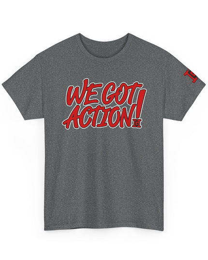 Gar Gear WE GOT ACTION! Drop #86 Heather Grey crew neck t-shirt – front view