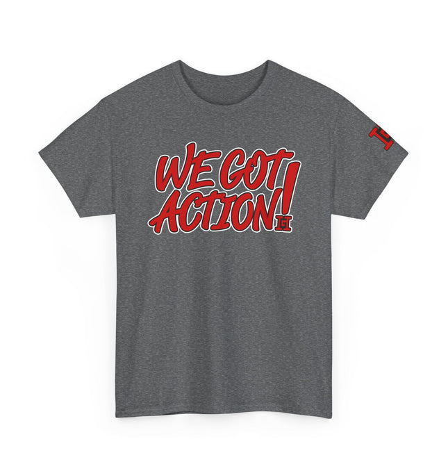 Gar Gear WE GOT ACTION! Drop #86 Heather Grey crew neck t-shirt – front view