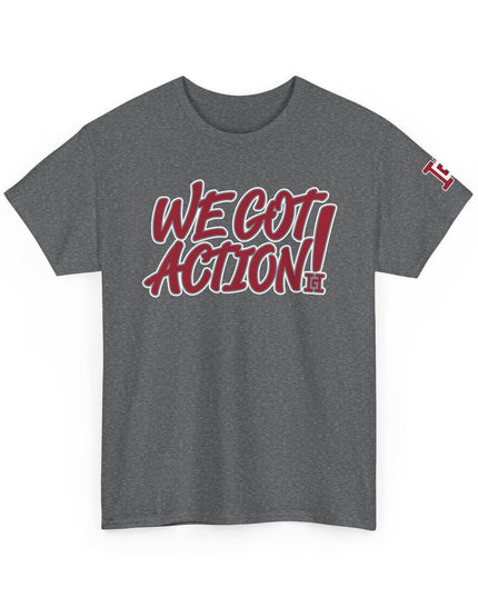 Gar Gear WE GOT ACTION! Drop #87 Heather Grey crew neck t-shirt – front view