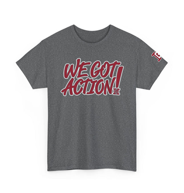 Gar Gear WE GOT ACTION! Drop #87 Heather Grey crew neck t-shirt – front view