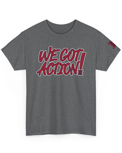 Gar Gear WE GOT ACTION! Drop #89 Heather Grey crew neck t-shirt – front view