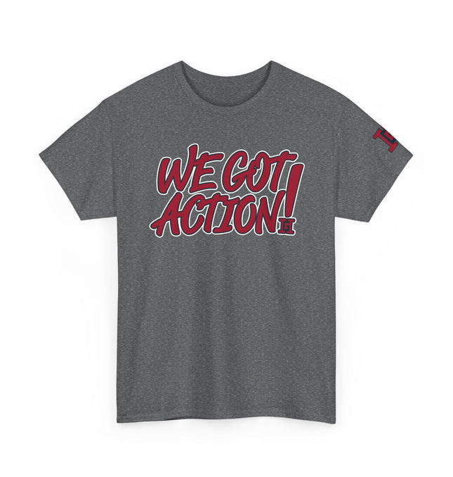 Gar Gear WE GOT ACTION! Drop #89 Heather Grey crew neck t-shirt – front view