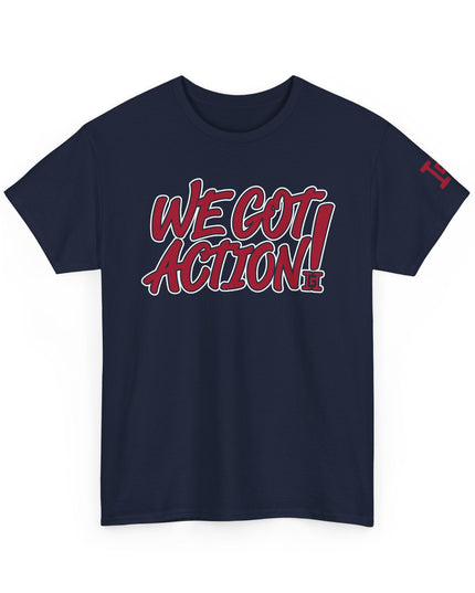 Gar Gear WE GOT ACTION! Drop #89 Navy Blue crew neck t-shirt – front view