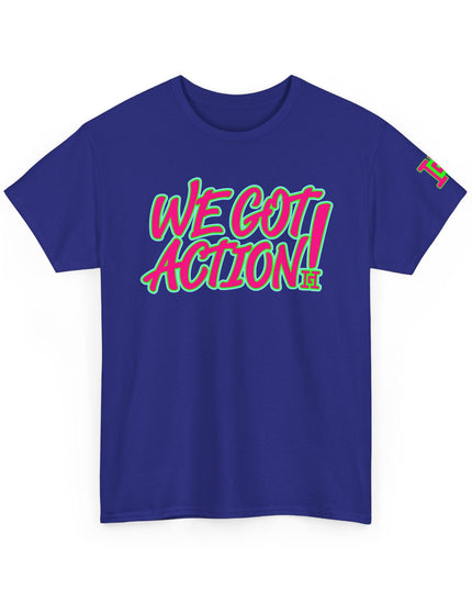 Gar Gear WE GOT ACTION! Drop #90 Cobalt crew neck t-shirt – front view
