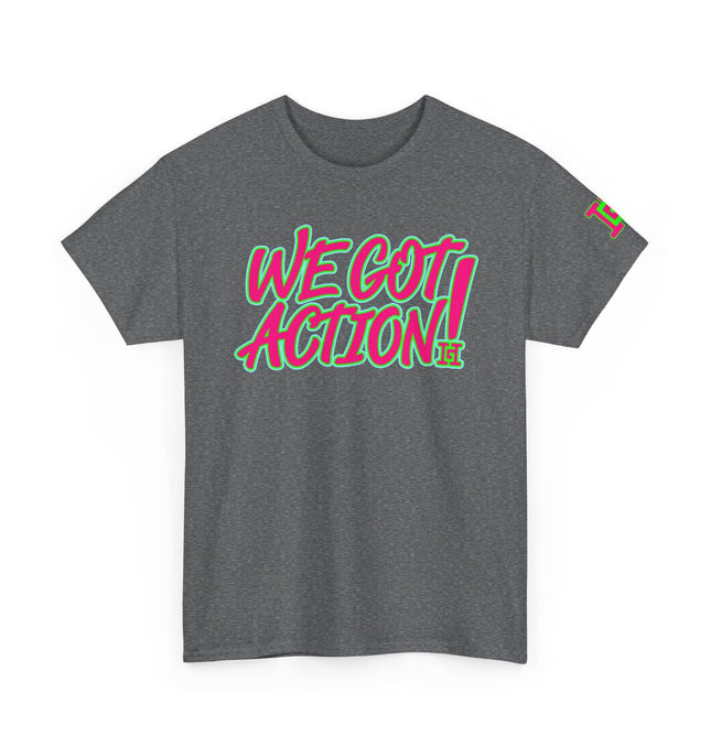 Gar Gear WE GOT ACTION! Drop #90 Heather Grey crew neck t-shirt – front view