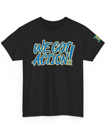 Gar Gear WE GOT ACTION! Drop #91 Black crew neck t-shirt – front view