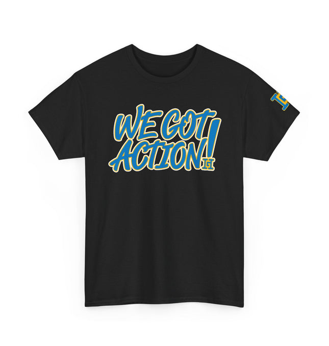 Gar Gear WE GOT ACTION! Drop #91 Black crew neck t-shirt – front view