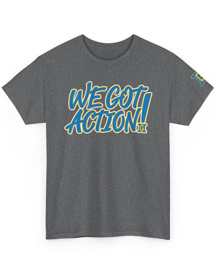 Gar Gear WE GOT ACTION! Drop #91 Heather Grey crew neck t-shirt – front view