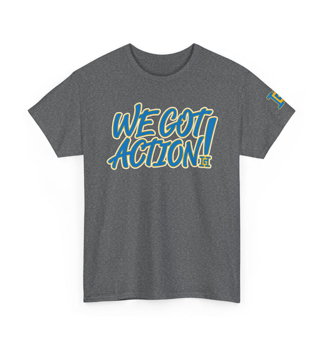 Gar Gear WE GOT ACTION! Drop #91 Heather Grey crew neck t-shirt – front view