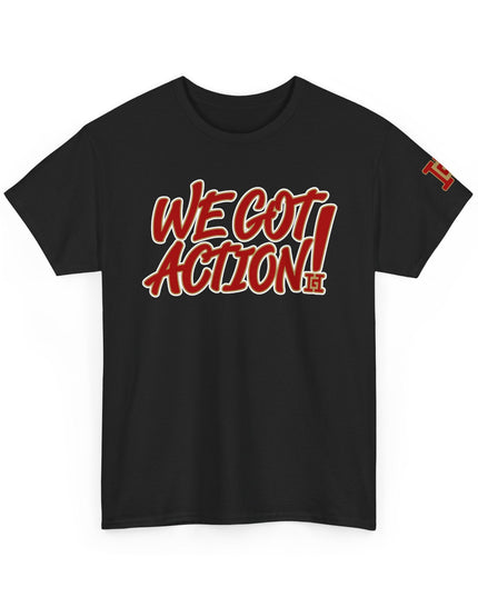 Gar Gear WE GOT ACTION! Drop #92 Black crew neck t-shirt – front view