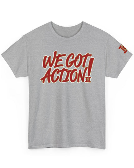 Gar Gear WE GOT ACTION! Drop #92 Sport Grey crew neck t-shirt – front view