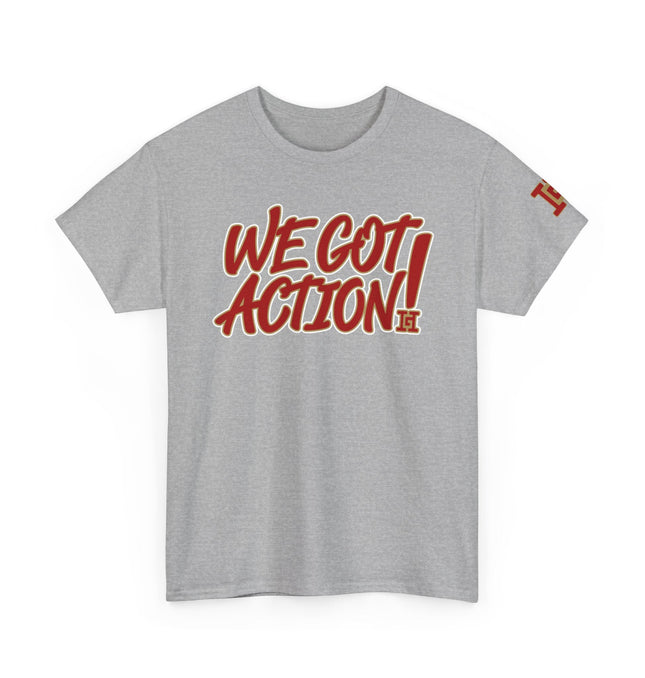 Gar Gear WE GOT ACTION! Drop #92 Sport Grey crew neck t-shirt – front view