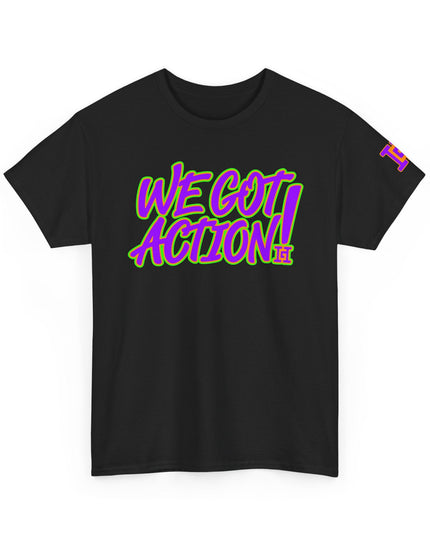 Gar Gear WE GOT ACTION! Drop #93 Black crew neck t-shirt – front view