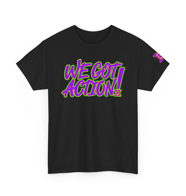 Gar Gear WE GOT ACTION! Drop #93 Black crew neck t-shirt – front view