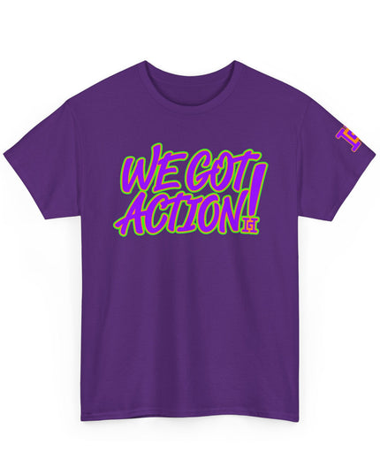 Gar Gear WE GOT ACTION! Drop #93 Purple crew neck t-shirt – front view