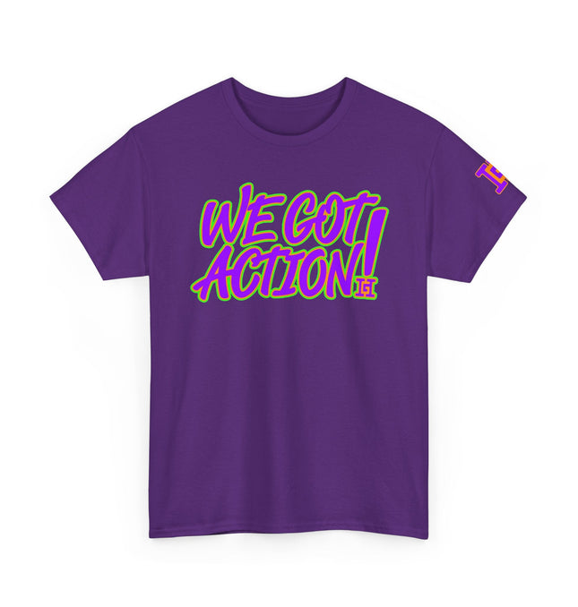Gar Gear WE GOT ACTION! Drop #93 Purple crew neck t-shirt – front view