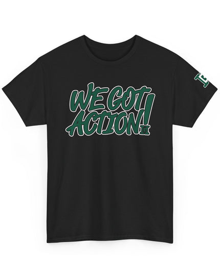Gar Gear WE GOT ACTION! Drop #94 Black crew neck t-shirt – front view