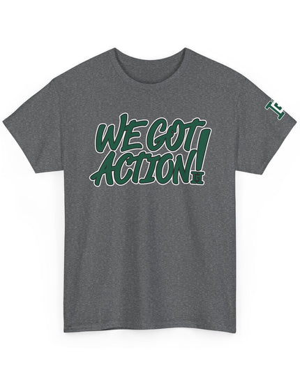 Gar Gear WE GOT ACTION! Drop #94 Heather Grey crew neck t-shirt – front view