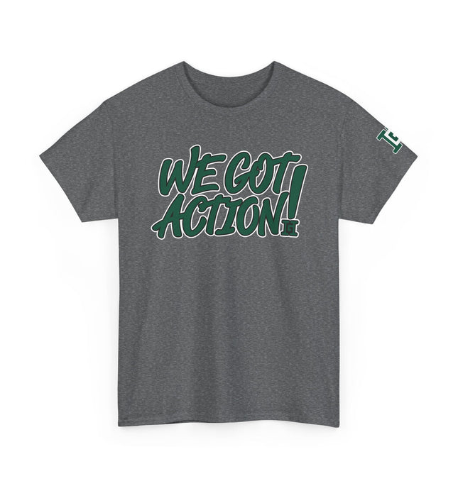 Gar Gear WE GOT ACTION! Drop #94 Heather Grey crew neck t-shirt – front view