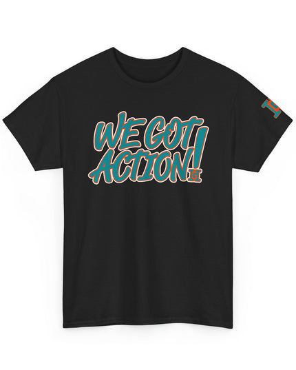 Gar Gear WE GOT ACTION! Drop #95 Black crew neck t-shirt – front view