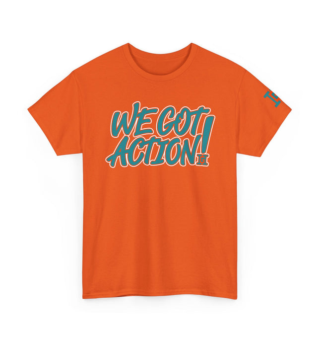 Gar Gear WE GOT ACTION! Drop #95 Orange crew neck t-shirt – front view