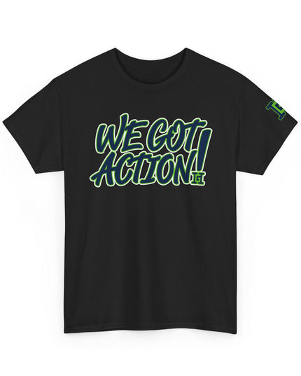 Gar Gear WE GOT ACTION! Drop #96 Black crew neck t-shirt – front view