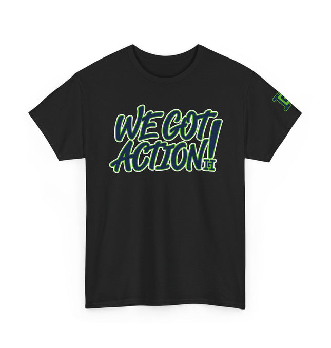 Gar Gear WE GOT ACTION! Drop #96 Black crew neck t-shirt – front view