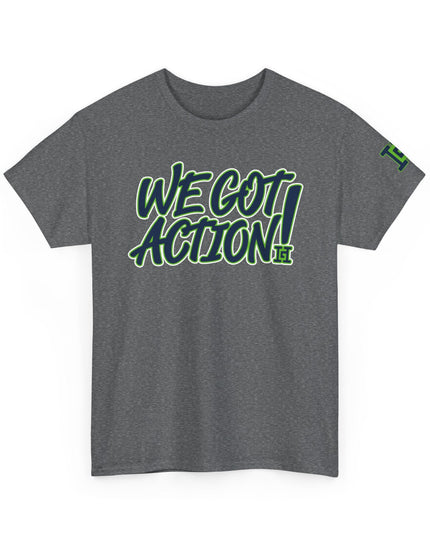 Gar Gear WE GOT ACTION! Drop #96 Heather Grey crew neck t-shirt – front view