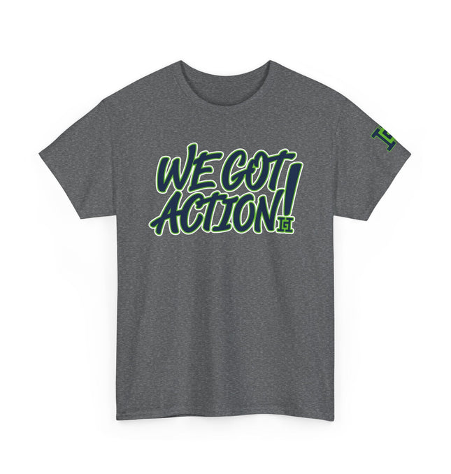 Gar Gear WE GOT ACTION! Drop #96 Heather Grey crew neck t-shirt – front view