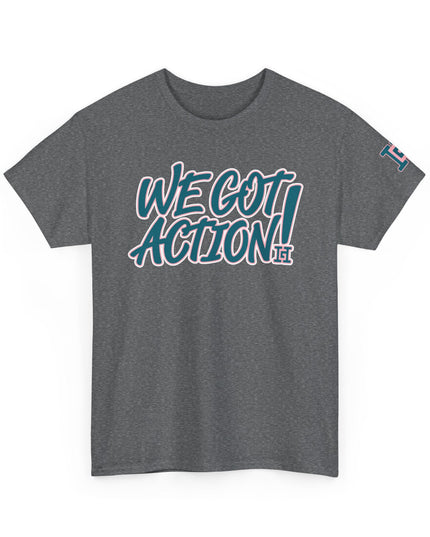 Gar Gear WE GOT ACTION! Drop #97 Heather Grey crew neck t-shirt – front view